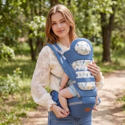 Blue Breathable Mesh Baby Carrier with Cute Cartoon Print, Ergonomic Infant Sling with Hip Seat, Hands-Free Newborn to Toddler H