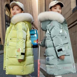 5 to14 Years Girls Down Jacket Winter Keep Warm Long Style Parka Hooded Zipper Fur Collar Girls Outerwear Christmas Kids Clothes