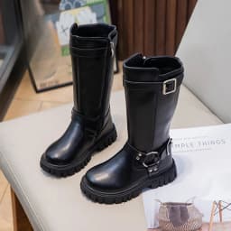 Winter Kids Fashion Boots Black School Girls Catwalk Boots Matte PU Non-slip Children Causal Cotton Boots Long High Versatile