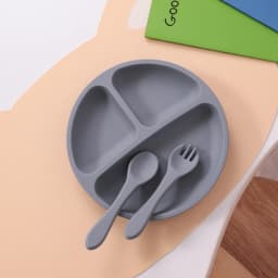 3PCS Silicone Baby Feeding Set With Suction Plate Wooden Spoon Fork BPA Free Training Tableware Dish Bowl Set Baby Shower Gifts