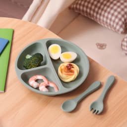 3PCS Silicone Baby Feeding Set With Suction Plate Wooden Spoon Fork BPA Free Training Tableware Dish Bowl Set Baby Shower Gifts
