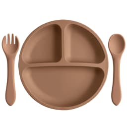 3PCS Silicone Baby Feeding Set With Suction Plate Wooden Spoon Fork BPA Free Training Tableware Dish Bowl Set Baby Shower Gifts