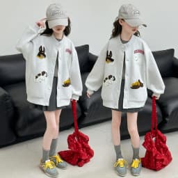 autumn teen girls cotton gray yellow cartoon hooded coats embroidery dog junior kids baseball jacket 4-14 child outerwear