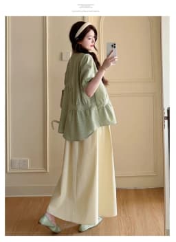 Maternity Suit Summer 2026 Green plaid doll shirt and Beige A Line Skirt Two Piece Set Gentle Cute For Pregnant Women