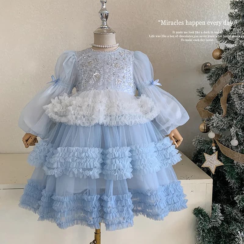Girls Autumn Winter Fashion Puff Sleeves Dress Children Princess Dress Kids Long Sleeve Puffy Diamond Fragments Tulle Cake Dress