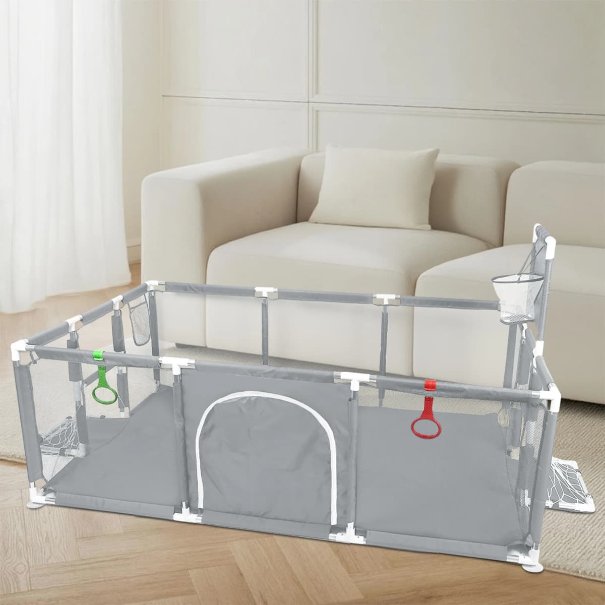 Baby Playpen + Football and Basketball-180x120x66 cm-Baby Playpen with Breathable Mesh-Dark Gray/Light Gray/Black/Navy Blue