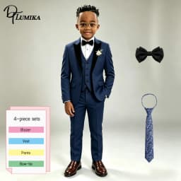Kids Boys Navy Formal Suit Set Floral Tie Peak Lapel Blazer Vest Pants for Wedding Ring Bearer Party Stage Performance Outfit