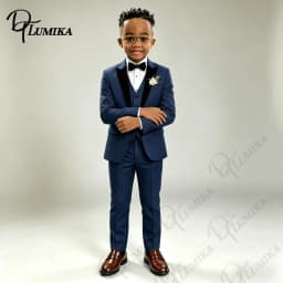 Kids Boys Navy Formal Suit Set Floral Tie Peak Lapel Blazer Vest Pants for Wedding Ring Bearer Party Stage Performance Outfit
