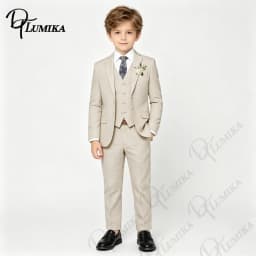 Elegant Boys Beige Linen Suit Set 4 Piece with Floral Tie Kids Formal Outfit for Wedding Birthday Graduation Party 3-13 Years