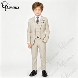 Elegant Boys Beige Linen Suit Set 4 Piece with Floral Tie Kids Formal Outfit for Wedding Birthday Graduation Party 3-13 Years