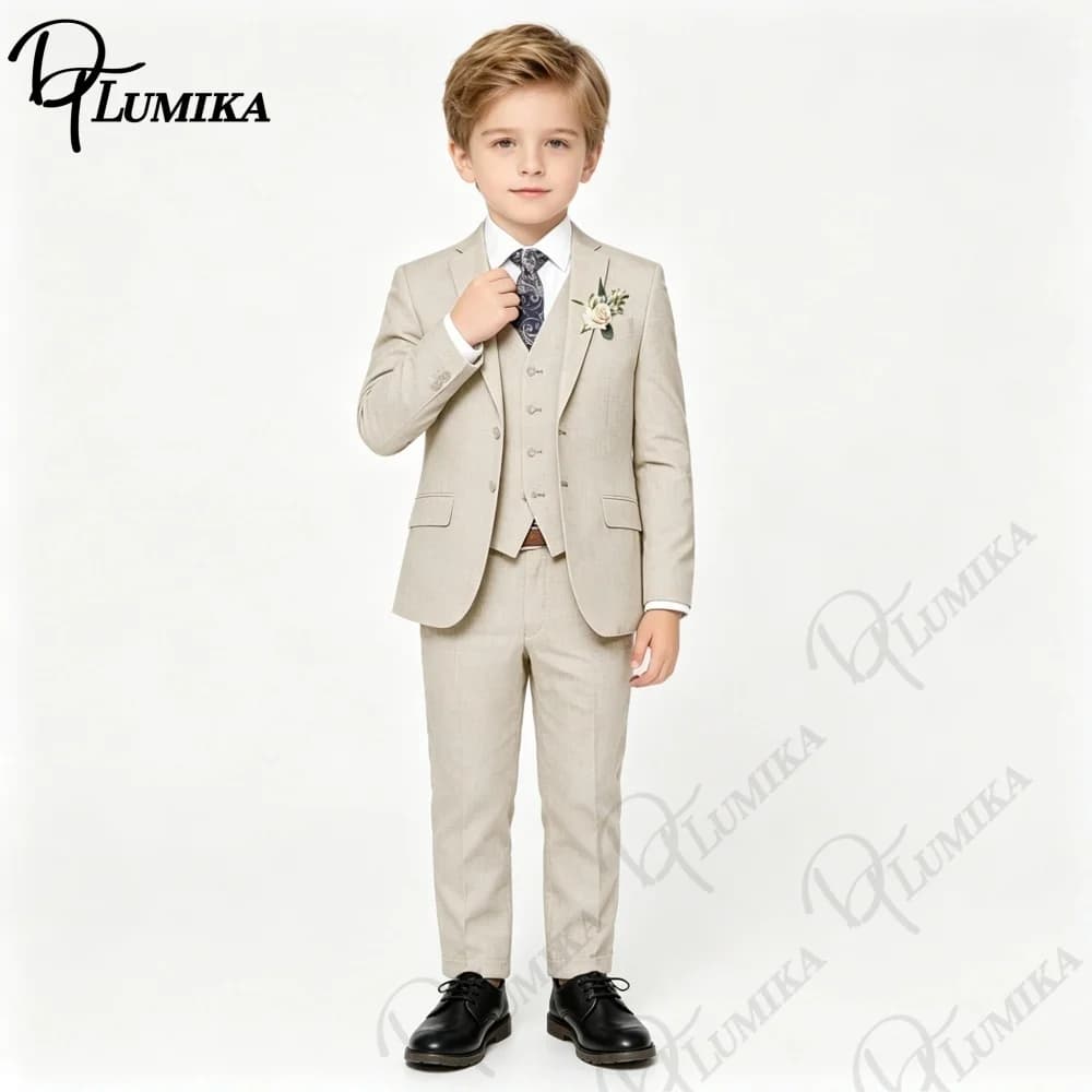 Elegant Boys Beige Linen Suit Set 4 Piece with Floral Tie Kids Formal Outfit for Wedding Birthday Graduation Party 3-13 Years