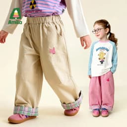 Amila Spring Children's Versatile Casual Pants With Elastic Waist, Grid Pattern And Flanging Design For Daily Comfort Wearing