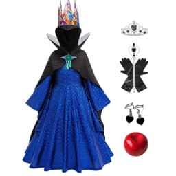 Kids Evil Queen Halloween Costume Girls Shiny Blue Gown Black Cloak Colorful Crown for Stage Performance Themed Party Dress Up
