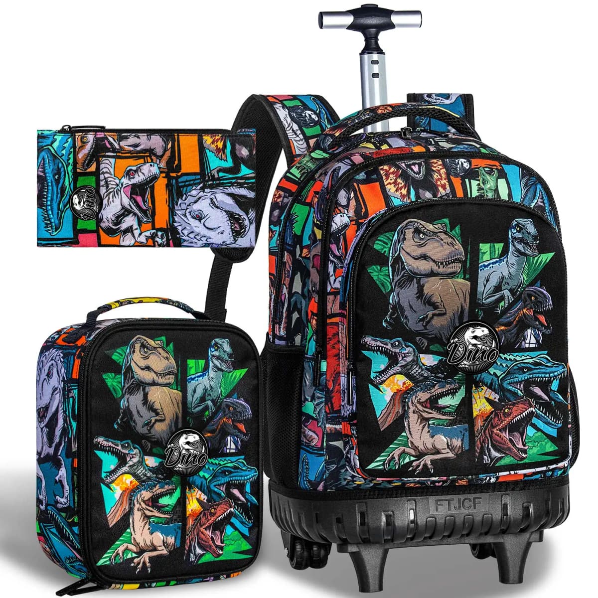 21 Inch Kids Rolling Backpack 3Pcs Set Colorful Dinosaur Print Wheeled Trolley School Bag with Lunch Box Pencil Case for Boys