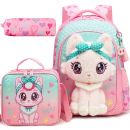 Girls Cute 3D Plush Bunny with Wings 3PCS Backpack Set - Floral Print School Bookbag + Insulated Lunch Bag + Pencil Pouch