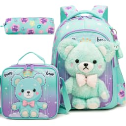 Girls Cute 3D Plush Bunny with Wings 3PCS Backpack Set - Floral Print School Bookbag + Insulated Lunch Bag + Pencil Pouch