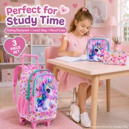 3PCS Girls Rolling School Backpack Set, Wheeled Trolley Backpack with Handbag and Pen Pouch for Elementary Students