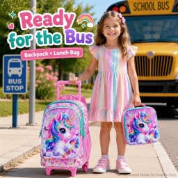3PCS Girls Rolling School Backpack Set, Wheeled Trolley Backpack with Handbag and Pen Pouch for Elementary Students