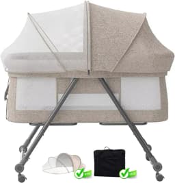 Foldable 4-in-1 Convertible Baby Travel Cot, Rocking Bedside Crib with Quiet Rolling Wheels, Perfect Use From Newborn To Toddler