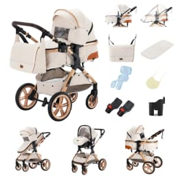 High Position 3 in 1 Complete Baby Travel System Pushchair with Detachable Infant Car Seat, Summer Sweat-Wicking Breathable Fabric, Portable Aerospace Aluminium Frame, Compact Fold Space Efficient Stroller