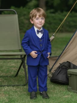 Kids Elegant Blue Suit Set Boys 5Pieces Jacket Vest Pants Bowtie Brooch Formal Wedding Birthday Performance Photograpy Outfit