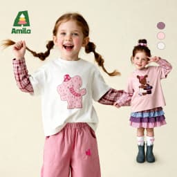 Amila 2026 Spring Children's Vacation Two Piece T-Shirt With Plaid Long Sleeved Patchwork Design, Casual And Fashionable