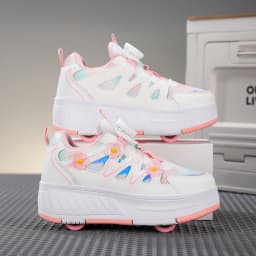 Kids Girls 4 Wheels Roller Skate Shoes Breathable Mesh Flower Rotary Buckle Walk & Roll Casual Sneakers