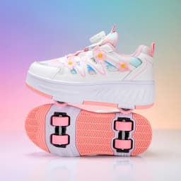 Kids Girls 4 Wheels Roller Skate Shoes Breathable Mesh Flower Rotary Buckle Walk & Roll Casual Sneakers