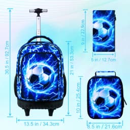 3Pcs Blue Lightning Soccer Wheeled Backpack Set Kids Trolley School Bag with Lunch Box
