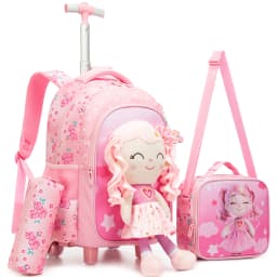 3 in 1 Backpack with Wheels for Girls Rolling Letter Backpack Cute Carry on Backpack Kids Luggage with Lunch Box Pencil Case