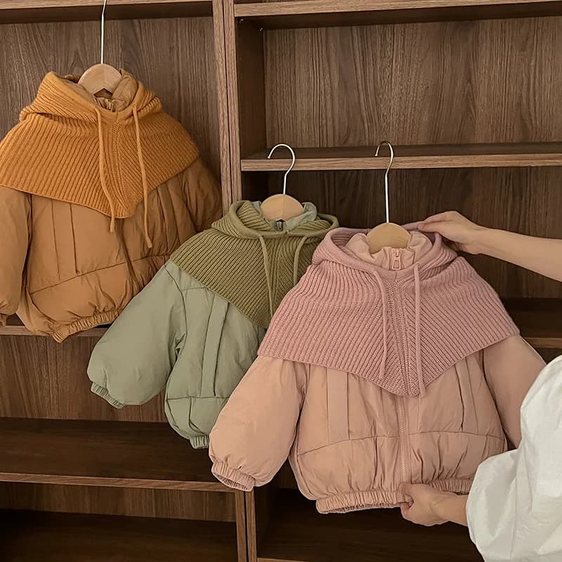 ZOETOPKID Winter Coat Kids Cotton Down Jacket New Children's Solid Color Matching Knitted Hat Thickened Warm Cotton Clothes