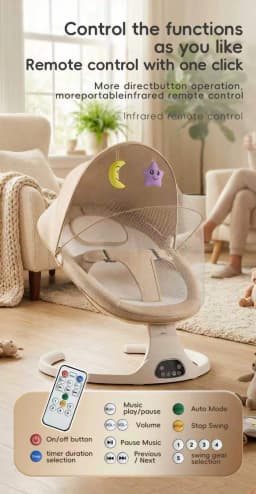 Automatic Baby Swing Chair Electric Infant Bouncer Cradle with Bluetooth Remote Control Sleeping Music 5-Speed Adjust Motion Intellingent Timer Blackout Canopy Removable Netting Bionic Spine Protector Lounge Recliner