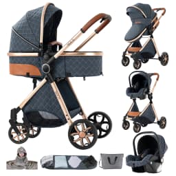 Light Baby Stroller 3-in-1 Baby Pram Can Sit and Recline With Car Seat Foldable Baby Pushchair Newborn Travel System for Air Travel and Long trip With Storage Basket Baby Buggy High landscape Baby Carriage