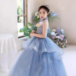Blue Halter Sleeveless Girls' Dress Luxurious Niche Flower Girl Performance Dress Children's Birthday Puffy Tulle Princess Dress