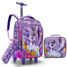 3PCS Set Rolling Backpack For Girls, Cute Cartoon Moon Unicorn Sequin Design Wheeled Bags With Lunch Box And Pen Bag-Purple