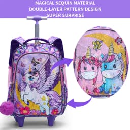 3PCS Set Rolling Backpack For Girls, Cute Cartoon Moon Unicorn Sequin Design Wheeled Bags With Lunch Box And Pen Bag-Purple