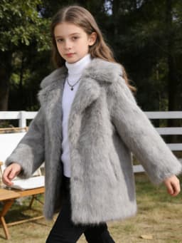 Gray Fox Fur Coat, Faux Fur Warm Coat, Eco-Friendly Fur Coat for Older Children, Warm and Windproof Coat for Boys and Girls, Mid-Length Mink Fur Coat with Double Side Pockets, Turn-Down Collar, Fashionable Commuter Coat, Versatile Fur Outerwear, New Autumn and Winter Model, New Year Gift Fur Coat