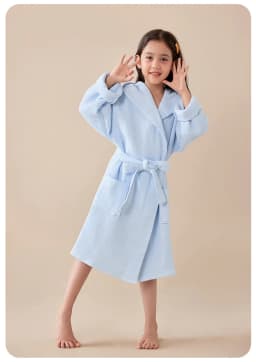 100% Cotton Waffle Kids Hooded Bathrobe Thick Soft Belted Homewear Sleepwear for Girls Boys Bear Solid Design