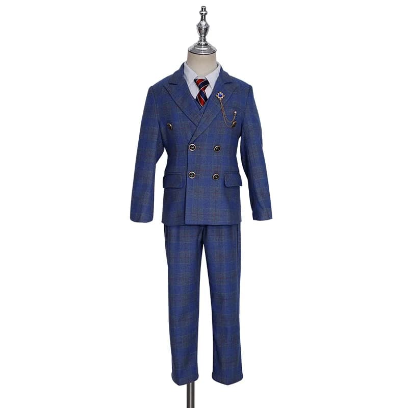 Flower Boys Blue 5Pieces/Set Jacket Vest Pants Tie Brooch Wedding Dress Kids Ceremony Costume Children Birthday Outfit Suit