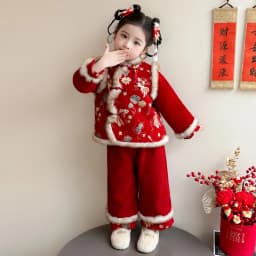 Girls Hanfu Suits Winter Children Tangsuit Traditional Chinese New Year Customes Kids Thicken Warm Red Coat+Pants 2 Pieces Sets