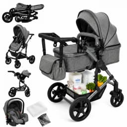Convertible Baby Pram 3 in 1 Stroller Pushchair Travel System Lightweight High Landscape Design Reversible Seat Comfortable Reclining Backrest Large Sun Canopy Smooth Suspension Wheels for Newborn with 6 Free Gifts