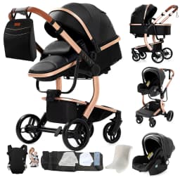 3 in 1 Baby Stroller Travel System with Car Seat for Newborn Toddler Reversible Foldable Pushchair Carrycot Aluminium Frame EVA Wheels PU Leather Handle High Landscape Pram with Canopy Foot Cover Storage Basket Up to 20kg