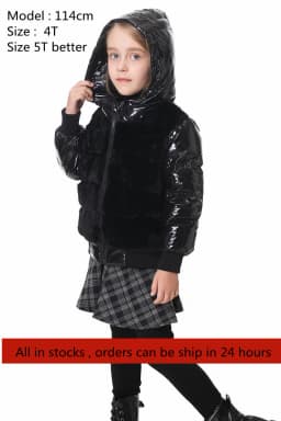 Fashion joining design winter coats filling white duck down warm jackets soft fur fabric and glossy black waterproof coats
