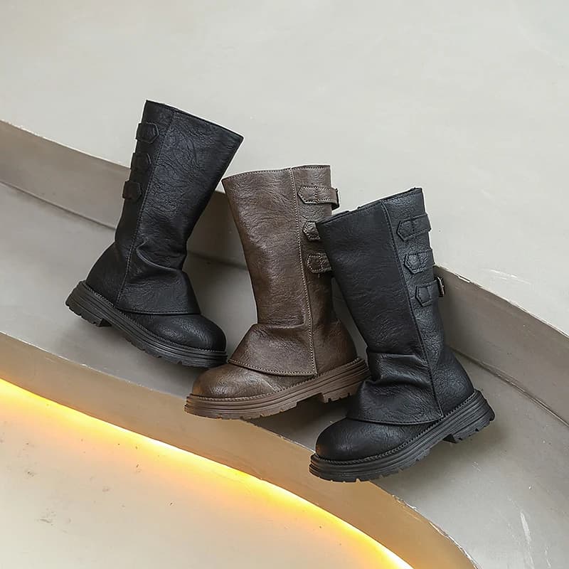 Autumn Toddlers Long Boots Black Brown Kids Causal Mid-calf Boots for Girls Fashion Round-toe Children's Causal Platform Boots