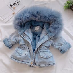 Autumn and Winter Children's Coat Solid Color Plush Thickened Warm Denim Collar Hooded Girl's Coat Warm Baby Clothes