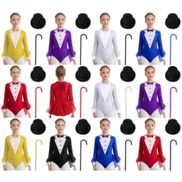 Kids Girls Sparkly Sequins Dance Outfit Magician Back Invisible Zipper Color Block Tulle Skirted Leotard with Hat And Crutch