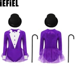 Kids Girls Sparkly Sequins Dance Outfit Magician Back Invisible Zipper Color Block Tulle Skirted Leotard with Hat And Crutch