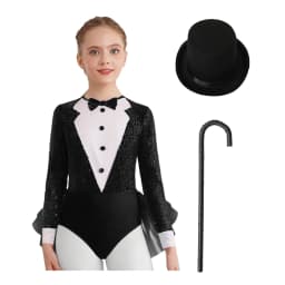 Kids Girls Sparkly Sequins Dance Outfit Magician Back Invisible Zipper Color Block Tulle Skirted Leotard with Hat And Crutch