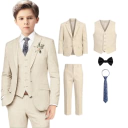 24h SHIP 5 PCS Boy's Linen Suit Set, Breathable & Lightweight Kid Formal Suit for Wedding, Communion, Homecoming, Birthday Party