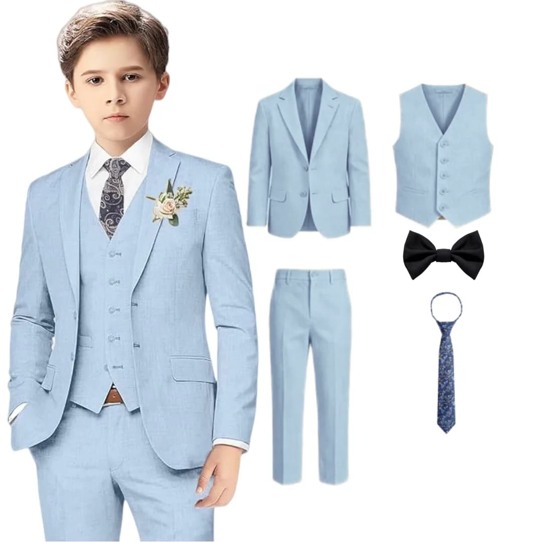 24h SHIP 5 PCS Boy's Linen Suit Set, Breathable & Lightweight Kid Formal Suit for Wedding, Communion, Homecoming, Birthday Party